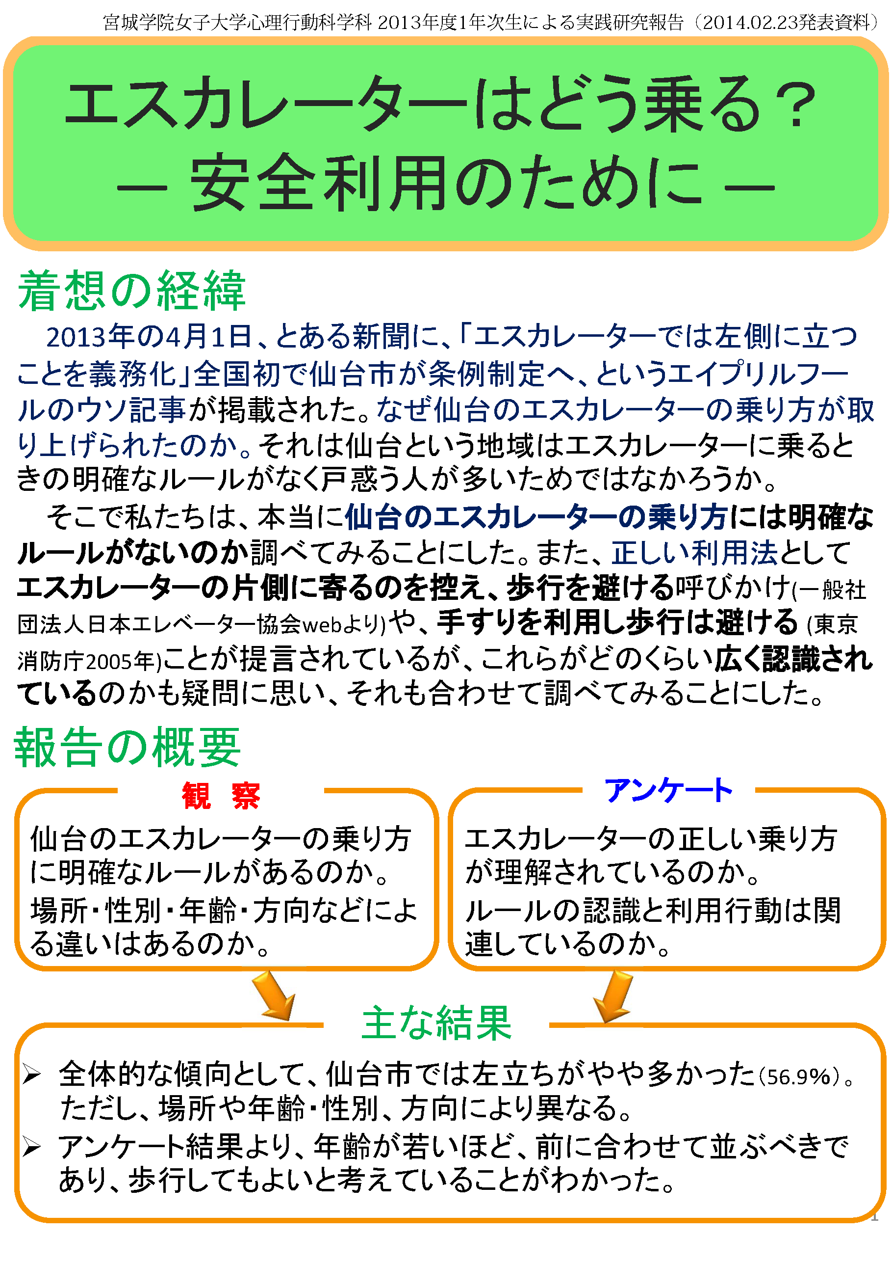 エスカレーターはどう乗る？ ― 安全利用のために―（2013年度実践セミナー木野ゼミ）